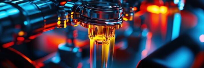 Aufkleber - Close-up view of a high-tech engine piston with gasoline flowing through it surrounded by vibrant neon highlights