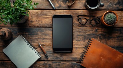 Poster - smartphone and notebook on wood table smartphone pen glasses cup and notebook