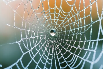 Highlights detailed craftsmanship of a spiderweb embellished with a droplet of dew displaying delicate threads shimmering droplet and harmonious partnership between spider and its environment