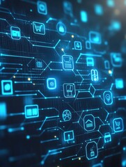 Fototapete - Innovative blockchain representation for online shopping with glowing nodes and smart contract symbols showcasing high-tech e-commerce