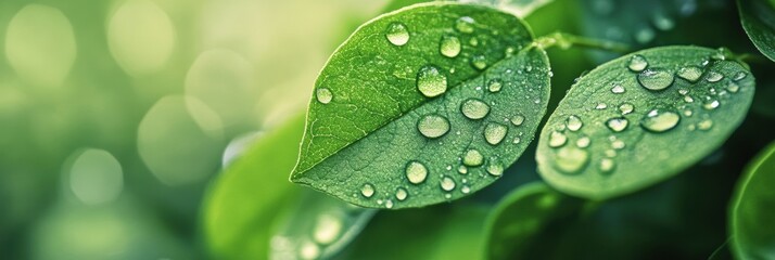 Poster - Close-up of fresh green leaves adorned with dewdrops in a blurred natural setting captures a moment of tranquility in nature
