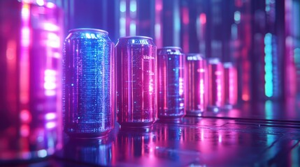 Poster - Futuristic neon-lit background featuring glowing energy drink cans in a cyberpunk setting, showcasing vibrant electric blue and purple reflections