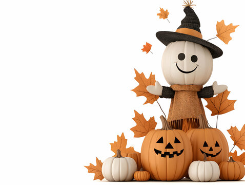 Smiling Scarecrow with Pumpkins and Autumn Leaves Halloween Decoration