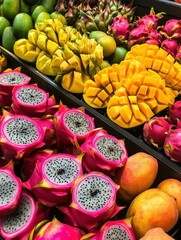 Aufkleber - Colorful display of exotic tropical fruits in a vibrant supermarket showcasing dragon fruit, mango, and papaya during a sunny afternoon