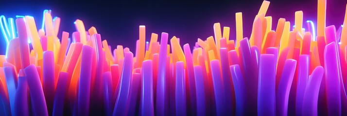 Poster - Floating french fries illuminated by neon purple and blue lighting in dynamic action captured through high-speed photography