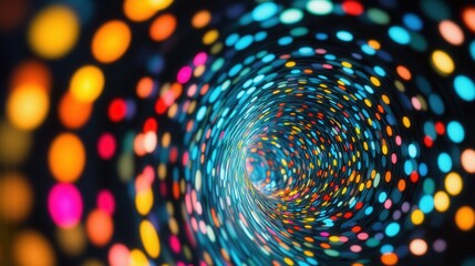 Poster - spiral of rotating colored dots, each transitioning through different hues as they spin continuously in a rhythmic motion