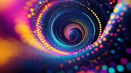 Poster - spiral of rotating colored dots, each transitioning through different hues as they spin continuously in a rhythmic motion