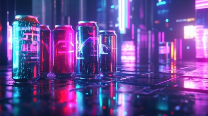 Aufkleber - Futuristic neon-lit background featuring stacked energy drink cans in a glowing cyberpunk aesthetic at night