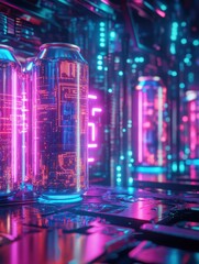 Poster - Futuristic energy drink display with neon reflections in a cyberpunk environment