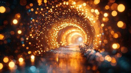 Poster - 3D tunnel adorned with luminous, shiny particles, forming a vivid pathway of dynamic colors and glimmers.