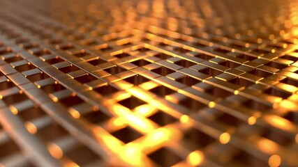 Poster - Close up view of metallic mesh surface with intricate patterns, showcasing warm golden glow and dynamic texture, where interplay of light enhances modern design aesthetics.
