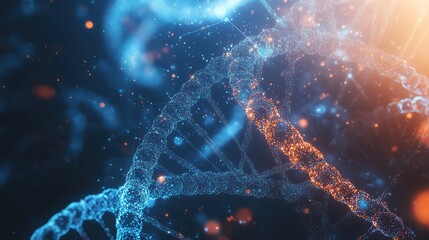 Poster - D render of biotech-related icons, such as molecules and DNA strands, on a glowing background with empty space.