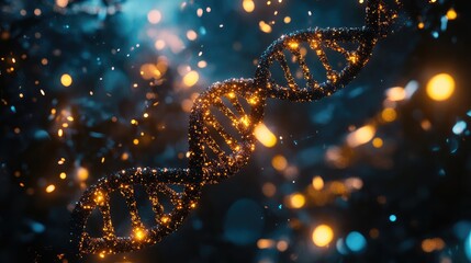 Poster - D render of human DNA double helix with glowing molecular connections. Empty space for text or copy.