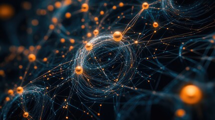 Poster - Abstract digital technology concept with interconnected glowing circles and lines across a dark background.