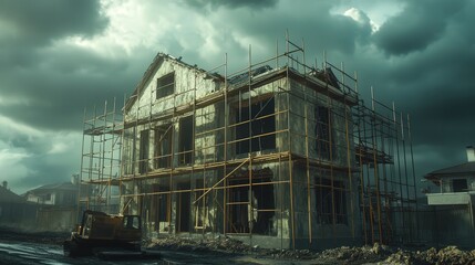 Poster - scaffolding surrounding an unfinished house, with a cloudy sky above