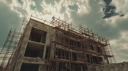 Poster - scaffolding surrounding an unfinished house, with a cloudy sky above