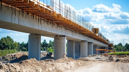 Poster - Bridge abutment under construction with formwork in place. Bridge construction copy space.