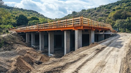 Poster - Bridge abutment under construction with formwork in place. Bridge construction copy space.