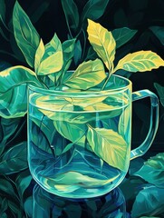 Aufkleber - Futuristic tea leaves glowing softly in a neon-inspired illustration with surreal green and blue hues