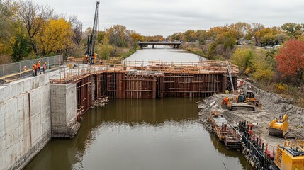Poster - Bridge abutment under construction with formwork in place. Bridge construction copy space.