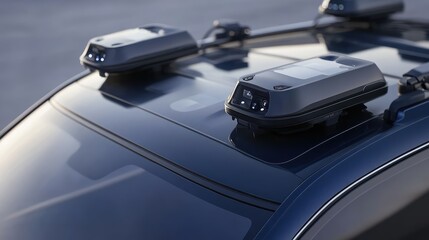 Poster - Close-up of autonomous vehicle sensors and cameras on a car's roof, ready for navigation. Clean background.