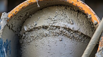 Poster - Close-up of a concrete mixing drum covered in dried cement residue. Concrete mixing copy space.