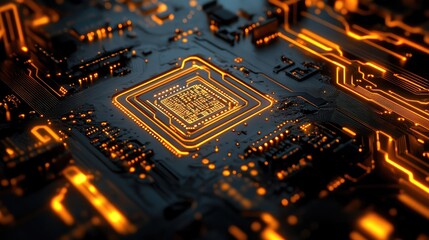 Poster - Close-up of a digital circuit board with glowing connections, showcasing modern technology integration. Copy space for text.