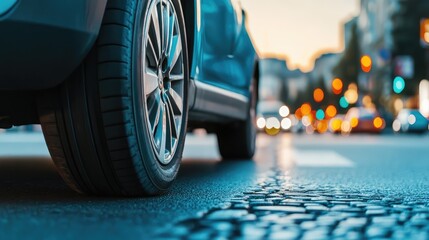 Poster - Close-up of a self-driving car's tire on a road with smart traffic lights in the background, offering clean space for text.