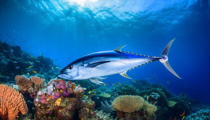 Poster - A vibrant Bluefin Tuna swims gracefully among colorful coral reefs in a clear blue ocean