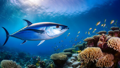 Poster - A majestic Bluefin Tuna swims gracefully among vibrant coral reefs and small fish in a crystal-clear ocean
