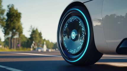 Poster - Close-up of the self-driving car's wheel turning automatically on an open road, with sensors visible, leaving space for text.