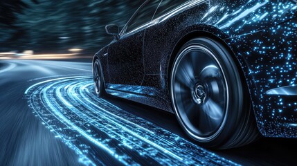 Poster - Close-up of the self-driving car's wheel turning automatically on an open road, with sensors visible, leaving space for text.