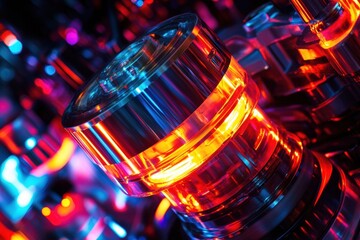 Aufkleber - Close-up view of a high-tech engine piston with vibrant neon highlights and flowing gasoline in an innovative automotive design setting