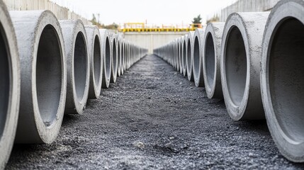 Poster - Giant concrete pipes arranged in rows at a job site. Perspective and depth in construction copy space.