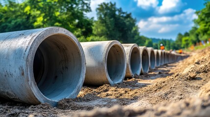 Poster - Giant concrete pipes arranged in rows at a job site. Perspective and depth in construction copy space.