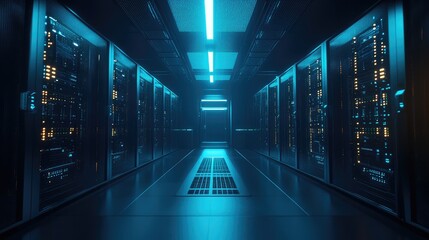 Poster - High-tech data center with glowing servers and cables in a dark room, with clear space for text.