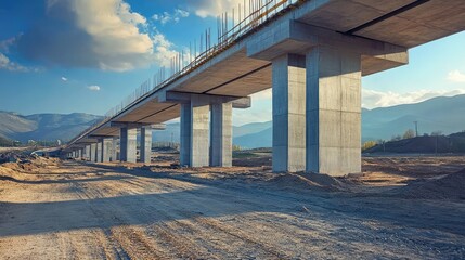 Poster - Large concrete bridge pillars under construction, towering over an unfinished road. Bridge construction copy space.