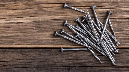 Poster - Long metal construction nails scattered on a wooden surface. Building materials copy space.