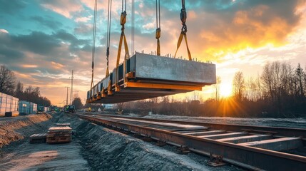 Poster - Massive steel reinforcements being lifted for bridge construction. Bridge construction copy space.