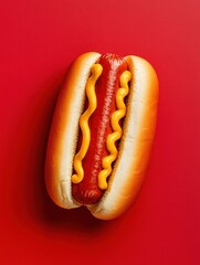 Poster - Classic hot dog with golden bun, vibrant mustard, and rich ketchup on bold red background presented in ultra HD detail