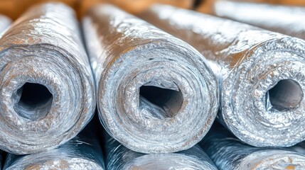 Fototapete - Neatly wrapped rolls of thermal insulation material, silver reflective surface. Building materials copy space.