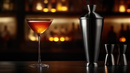 Poster - Shiny cocktail shaker mid-motion, creating a perfect blend. Drink mixing copy space.