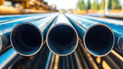 Poster - Shiny new steel pipes stacked in an orderly fashion at a construction site. Industrial materials copy space.