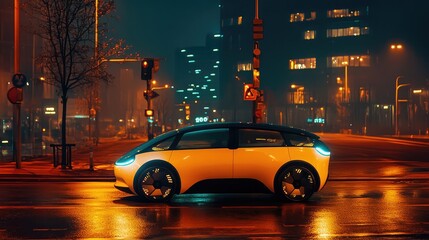 Poster - Side profile of a futuristic autonomous car on a smart highway with connected traffic signals and illuminated road signs.