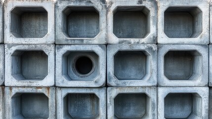 Poster - Stacks of hollow concrete blocks arranged in geometric patterns. Clean, structured industrial copy space.