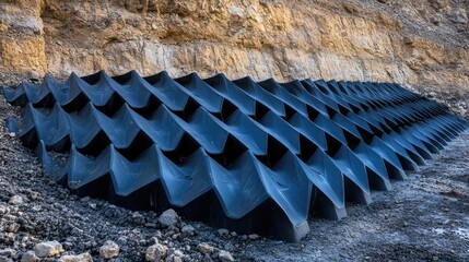 Poster - Stack of black rubber speed bumps placed near a construction site. Road construction copy space.