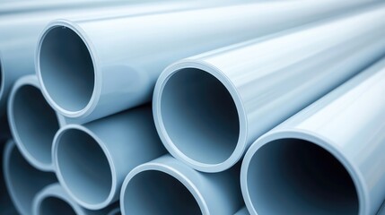 Poster - Stack of PVC pipes with smooth and reflective surfaces, neatly arranged. Building materials copy space.