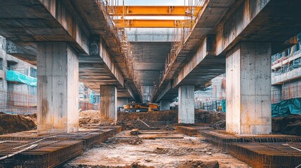 Poster - Underpass bridge construction site with massive concrete beams overhead. Bridge construction copy space.