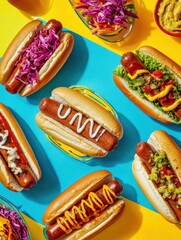 Poster - Mouth-watering flat lay of colorful hot dogs with various toppings on a bright blue and yellow table