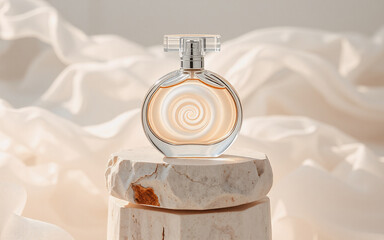 Poster - elegant perfume bottle with swirling golden liquid center rests on a textured stone block. soft fabr